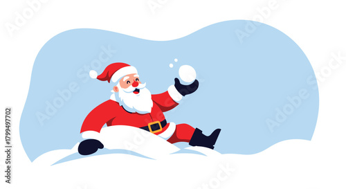 Santa Claus is having a blast playing in the fresh white snow, sitting and happily holding a snowball ready for a festive winter game.
