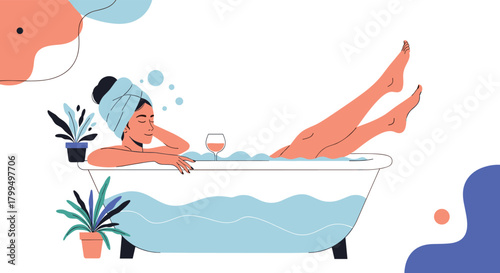 A woman with a towel on her head enjoys a relaxing bubble bath, with a glass of wine and potted plants, illustrating self-care and tranquility.