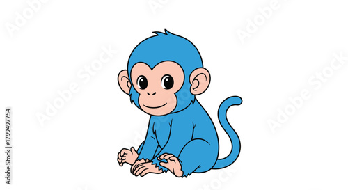 A cute blue cartoon monkey, featuring a light pink face and ears, sits cheerfully on a plain white background with a gentle smile.