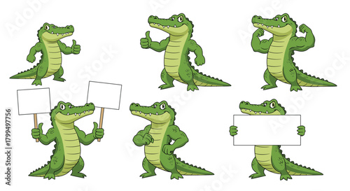 Collection of friendly cartoon alligators and crocodiles in various poses, giving thumbs up, showing strength, and holding blank signs.