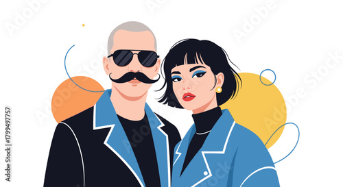 Stylish man with a mustache and sunglasses next to a chic woman with a bob haircut and bold makeup, in a modern vector illustration.