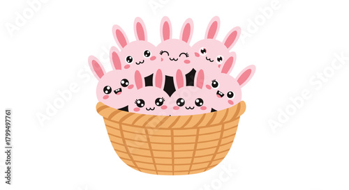 A charming illustration features an overflowing woven basket filled with numerous cute pink cartoon bunnies, each displaying a sweet, happy expression.