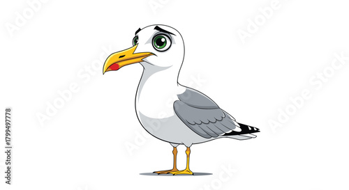 A charming animated seagull character with large expressive green eyes and a yellow beak stands on a plain white background.