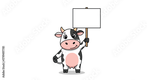 A friendly cartoon dairy cow with black and white spots stands on a white background, holding up a blank white protest sign.