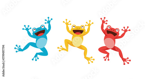 A cheerful trio of vibrant blue, yellow, and red cartoon frogs happily jumping and smiling against a white background.
