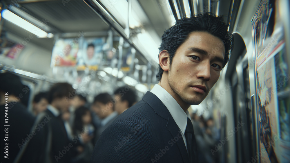 Fototapeta premium 朝の満員電車で男性がスマホ画面を確認する一瞬の情景