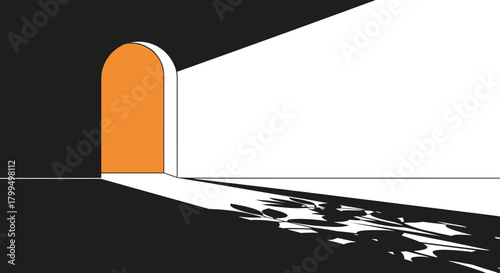 Vector art of an open door, with bright light illuminating a dark path forward, symbolizing new opportunities and the journey into the unknown