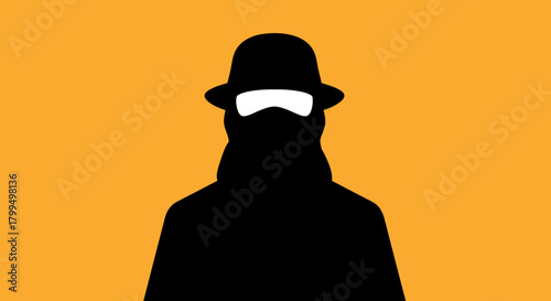 Mysterious Silhouette Vector Art of a Hidden Figure with Hat and Mask on Yellow