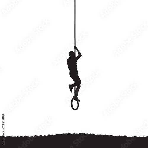 Black silhouette of person climbing pole with ring around leg
