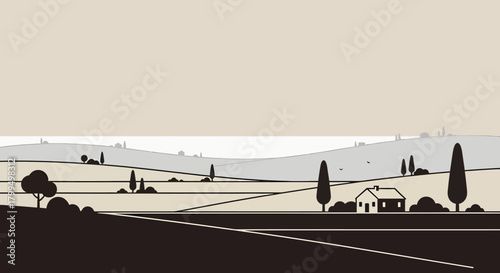Vector art illustration of a tranquil rural countryside scene with a farmhouse, rolling hills, and a road leading to the horizon