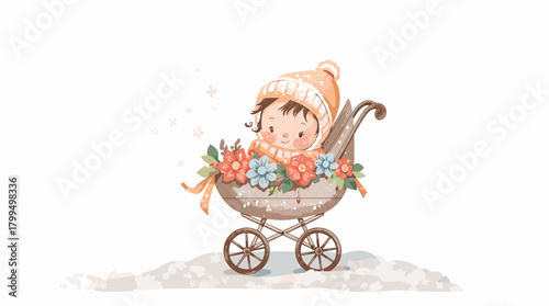 Cute baby in stroller in snow with floral decor