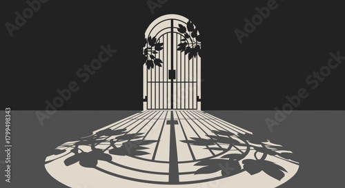 An elegant arched gate with climbing ivy leaves, casting a long, dramatic shadow in a minimalist vector illustration style