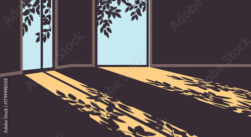 Interior Space with Natural Light and Foliage Shadows Vector Illustration
