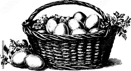 Vintage basket filled with eggs and flowers. A hand-drawn engraving in black and white vector illustration, showcasing a classic rustic design set.