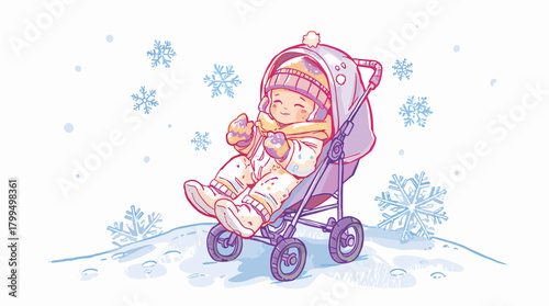 Smiling baby in stroller in snowy landscape