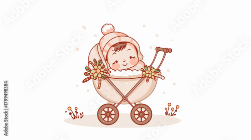 Smiling baby in stroller in snow with warm beige tones