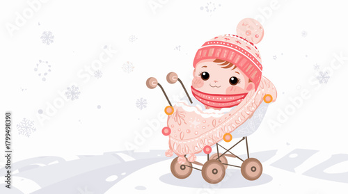 Cozy baby in stroller wrapped in warm winter clothes