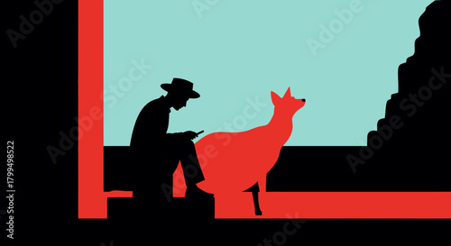 A stylized vector illustration of a silhouetted man with a smartphone sitting next to a red deer, depicting a modern life and nature concept