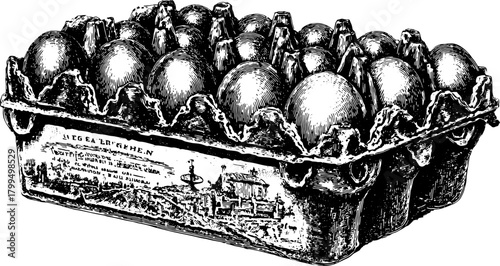Egg carton illustration in vintage engraving style. The black outline and hand-drawn details create a clear visual of this classic kitchen set in vector format.