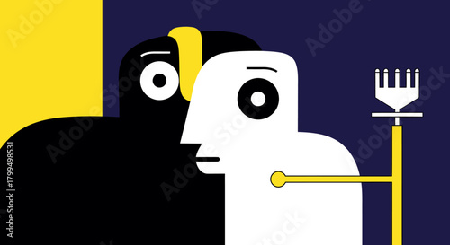 Vibrant vector art symbolizing the complex interplay and connection between different individuals, highlighting themes of modern technology and societal dynamics