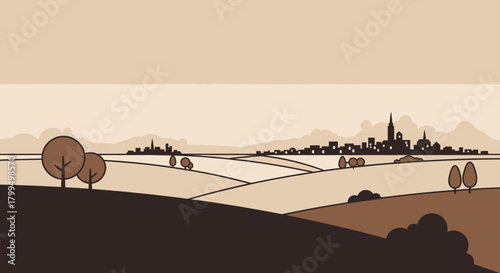 Minimalist vector art of a rural landscape with rolling hills and a distant town skyline, a panoramic countryside scene in sepia tones
