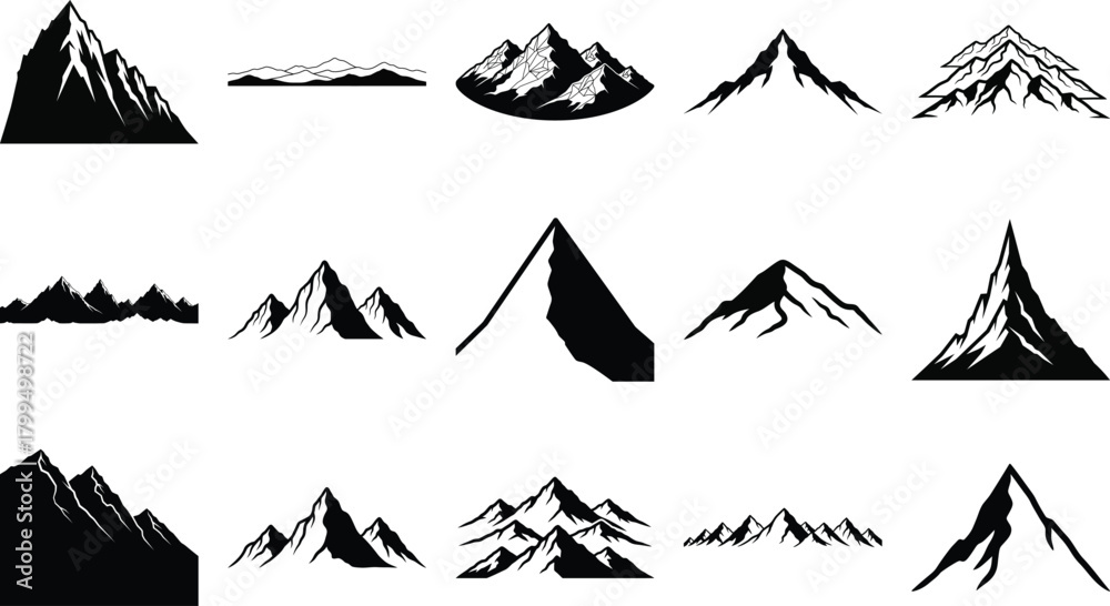 Fototapeta premium Diverse collection of mountain peak and range silhouette icons set
