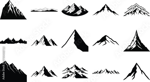 Diverse collection of mountain peak and range silhouette icons set