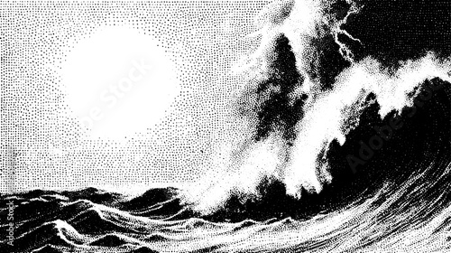 Wave silhouette in a stipple style. Engraving vector illustration of the ocean with sun and clouds, capturing the essence of nature's beauty.