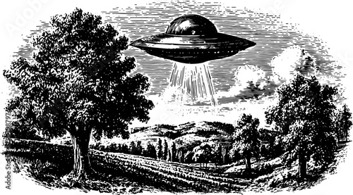 UFO silhouette in an antique engraving style. Black outline illustration of a landscape with trees and sky, presented as a vector set.
