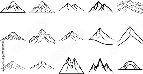 Collection of diverse outline mountain icons for landscape design