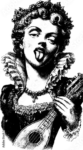 Engraving of a musician woman playing an instrument. Vintage black-and-white illustration set in a charming style.