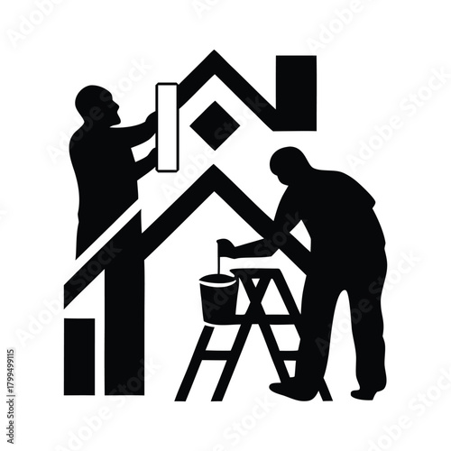 Silhouette of two workers painting a house, isolated on white background