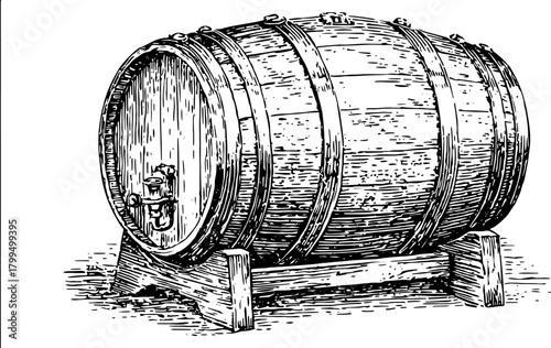 Wooden barrel illustration in vintage style. Detailed line drawing set, showcasing craftsmanship and traditional beverage storage in a vector format.