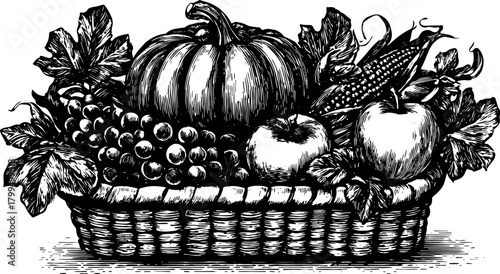 Basket of fruits and vegetables set: pumpkin, grapes, corn, and apples. Vintage engraving vector illustration in black and white.