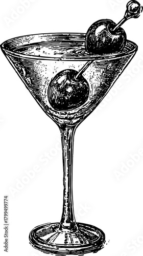 Vintage cocktail glass showcasing a classic martini. Black and white outline vector illustration with elegant details in a set.