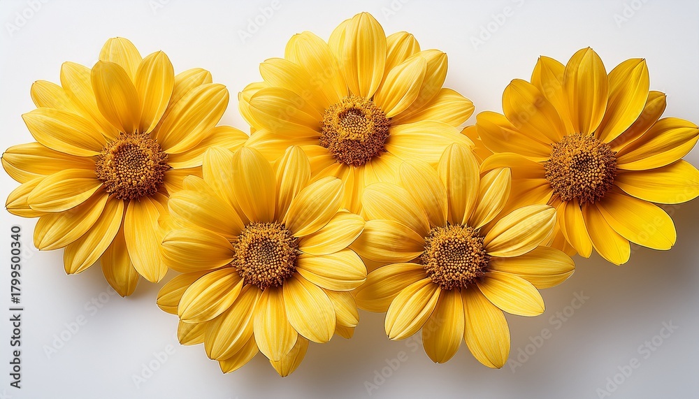 Fototapeta premium five radiant yellow flowers displaying intricate centers on a white background
