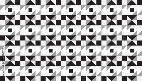 A seamless geometric pattern featuring square-centered motifs surrounded by triangular segments in black, white, and gray. The repeating design forms a hypnotic grid with a balanced optical rhythm