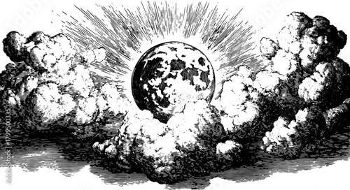 Vintage illustration of Earth among clouds and sun rays. A black and white outline set, showcasing a celestial scene in a vector style.