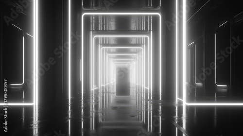 Fototapeta Naklejka Na Ścianę i Meble -  Futuristic neon glowing light tunnel architecture perspective