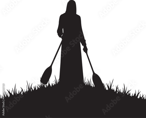 Black silhouette of robed figure holding oars on grassy hill