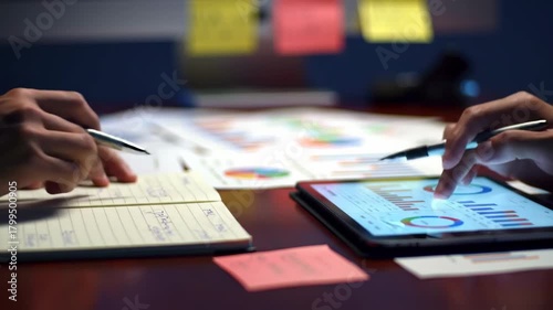 Close-up of business professionals collaborating on data analysis, reviewing reports on a tablet and taking notes during a strategic planning meeting