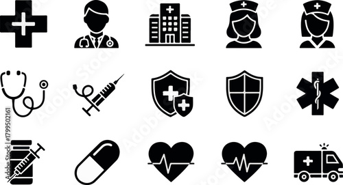 Medical and health care icon set, including hospital, doctor, nurse, first aid, health services, medical equipment, clinic, and healthcare illustration icons.