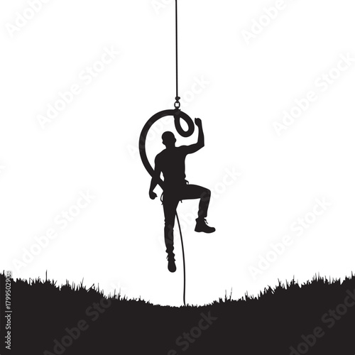 Man rappelling down rope against white sky and grass