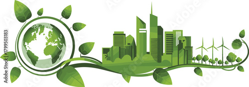 Eco city illustration, green urban design, sustainable development, renewable energy, wind turbines, nature integration, environmental concept, modern buildings, global ecology, clean future