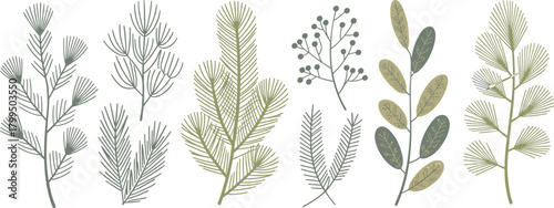 Botanical illustration, stylized leaves and branches, muted green and yellow tones, nature design, minimal line art, white background