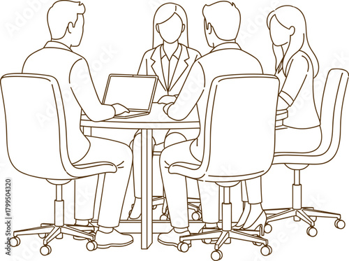 Business meeting line art, office teamwork, corporate discussion, seated professionals, round table collaboration, laptop, chairs, black and white drawing