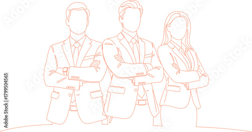 Business team illustration, line art, three professionals, crossed arms, suits and blazer, teamwork, leadership, corporate unity, minimal style