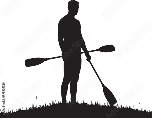 Silhouette man holding two paddles on grassy hill person
