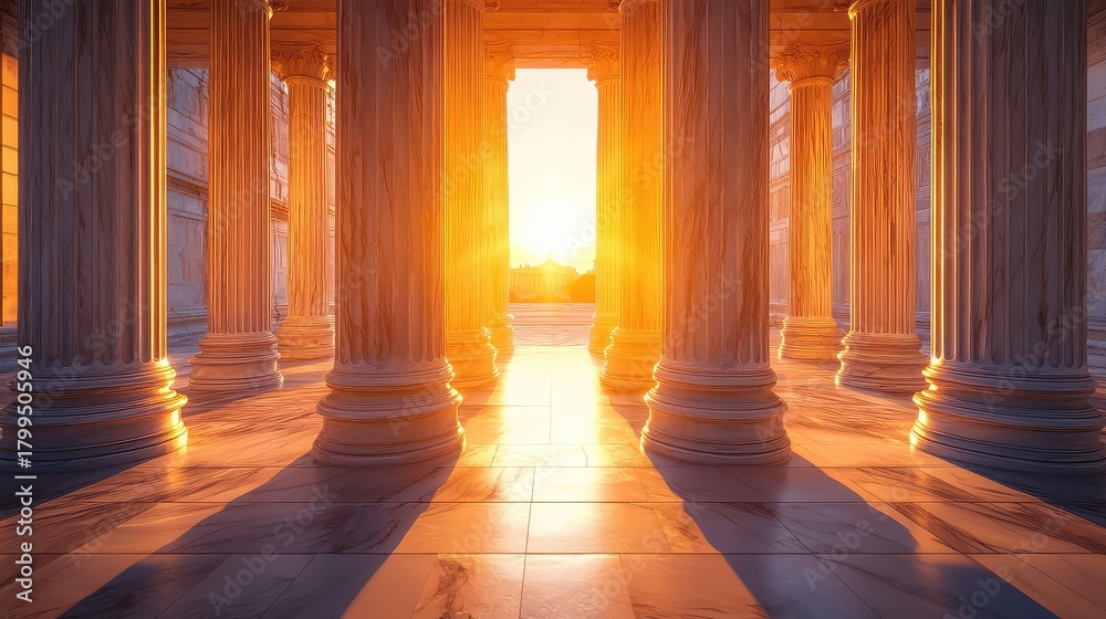Fototapeta premium Neoclassical marble columns reflecting golden hour light