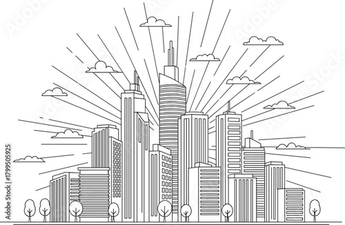 City skyline line drawing, modern architecture, black and white buildings, radiating lines, leafless trees, urban sketch, minimalist design